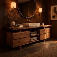 Slab top bathroom vanity with two drawer stacks and an open towel shelf in an evening bathroom with walnut wall paneling