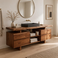Slab top bathroom vanity with two drawer stacks and an open towel shelf in a Scandinavian bathroom with white walls