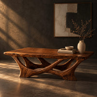 Slab top coffee table on a branching base of crossing curved arms, three-quarter view showing the grain