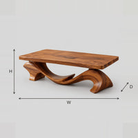 Slab Top Coffee Table With Swooping Wave Curl Base dimension diagram with width, height and depth