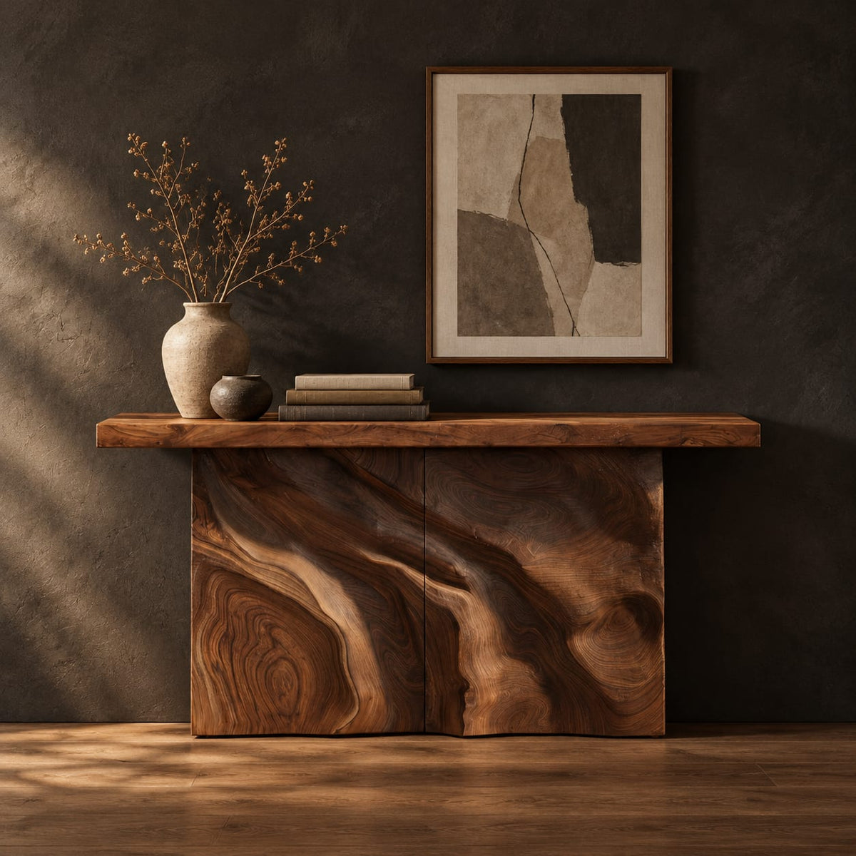 Slab console table on a swirling carved block base in a dark studio against a charcoal plaster wall