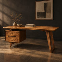 Slab top desk with two drawers and an angled frame leg, three-quarter view showing the grain