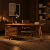 Slab top desk with two drawers and an angled frame leg in an evening home office with walnut wall paneling