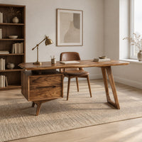 Slab top desk with two drawers and an angled frame leg in a Scandinavian home office with white walls