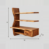 Slab Top Desk With Wavy Side Upright And Two Shelves Above dimension diagram with width, height and depth