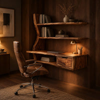 Wooden desk with a slab top, wavy side upright, two shelves and a drawer in an evening home office with walnut wall paneling