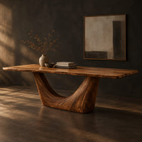 Rectangular dining table with a thick top on one deep crescent pedestal, three-quarter view showing the grain