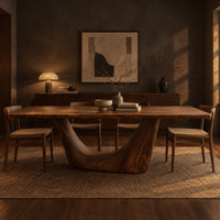 Rectangular dining table with a thick top on one deep crescent pedestal in a dark dining room at golden hour