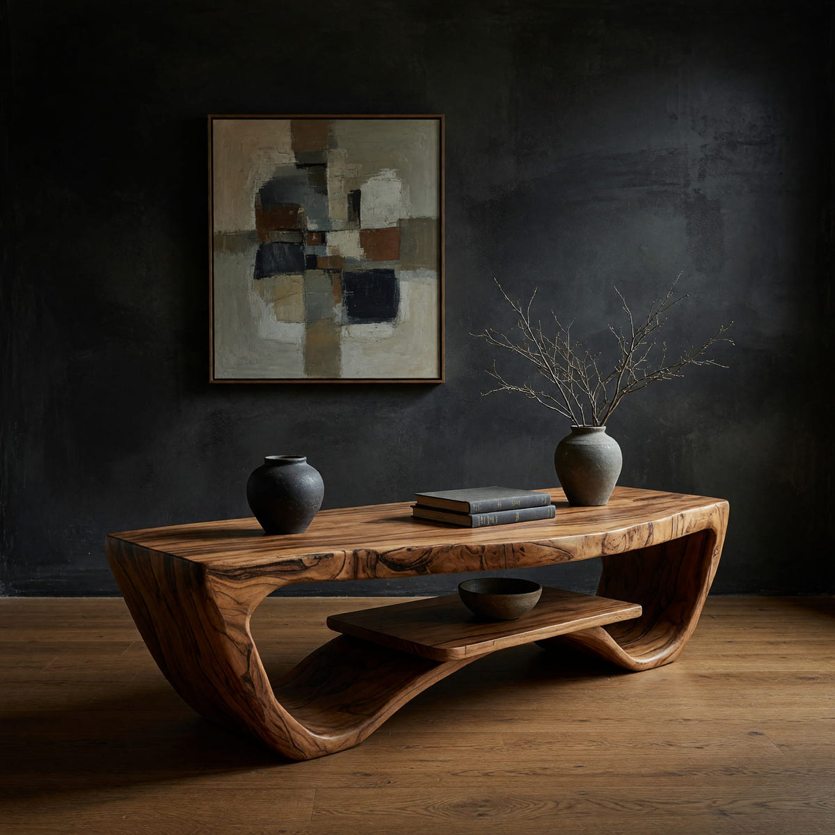 Sled side coffee table with a floating lower shelf in a dark studio against a charcoal wall