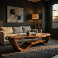 Sled side coffee table with a floating lower shelf in a living room at golden hour
