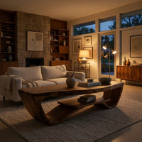Sled side coffee table with a floating lower shelf in an evening room lit by two lamps