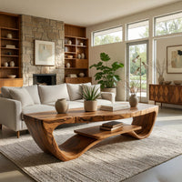 Sled side coffee table with a floating lower shelf in a sunlit room with large windows and plants