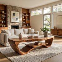 Sled side coffee table with a floating lower shelf in a bright modern living room