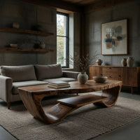 Sled side coffee table with a floating lower shelf in a concrete and timber loft