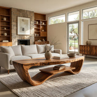 Sled side coffee table with a floating lower shelf in an open plan space in daylight