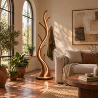 Slim floor lamp shaped like a branching tree with glowing lines in a bright living room with arched windows and plants