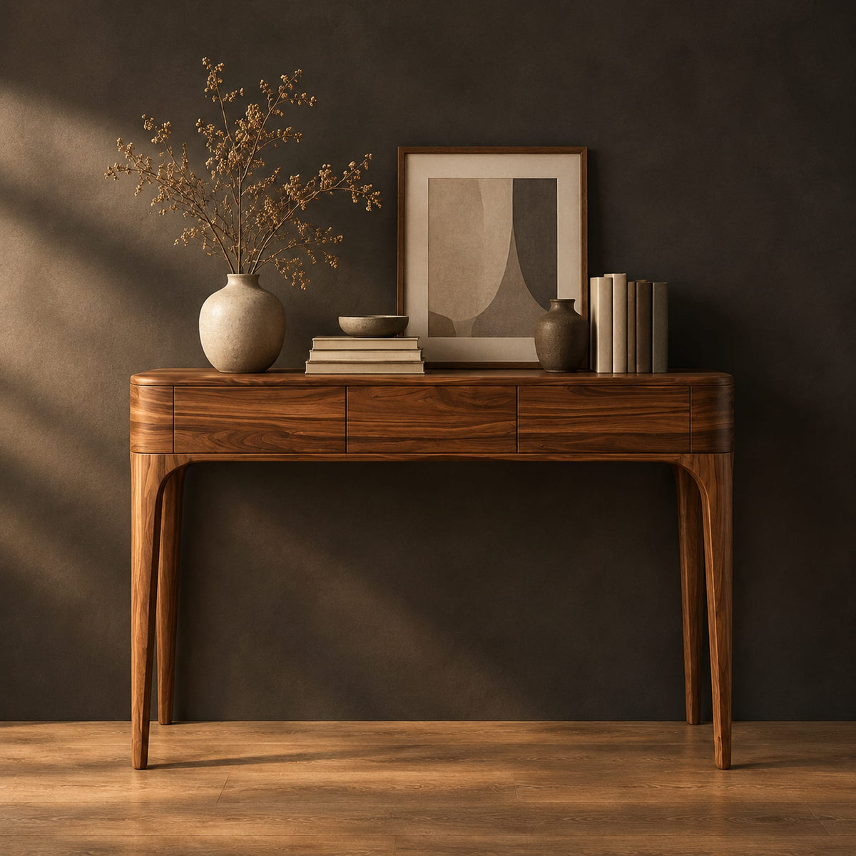 Slim console table with three front panels and tapered legs in a dark studio against a charcoal plaster wall