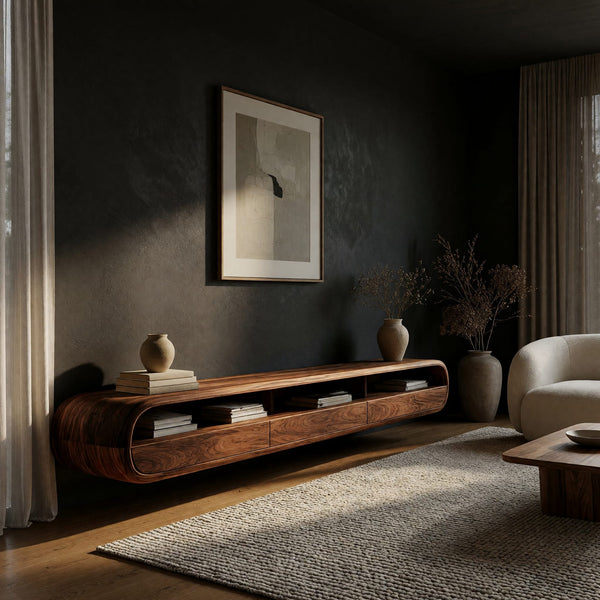 Slim Rounded TV Cabinet in Wall Mounted Solid Wood