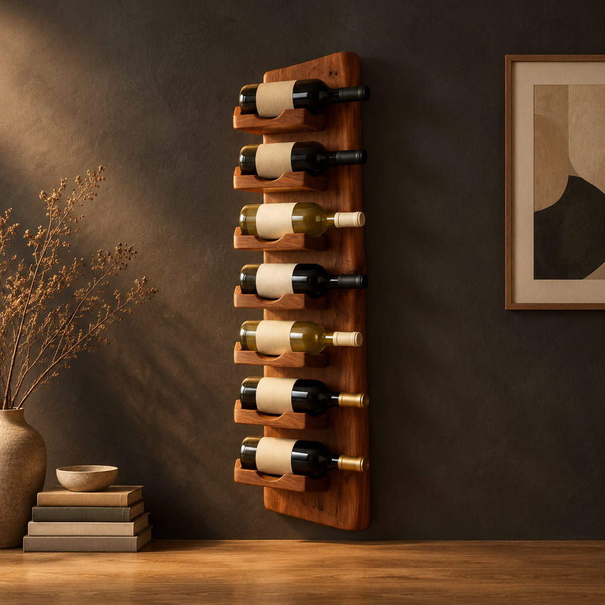 Slim vertical wine rack with seven angled cradles on a tall wooden board in a dark studio against a charcoal plaster wall