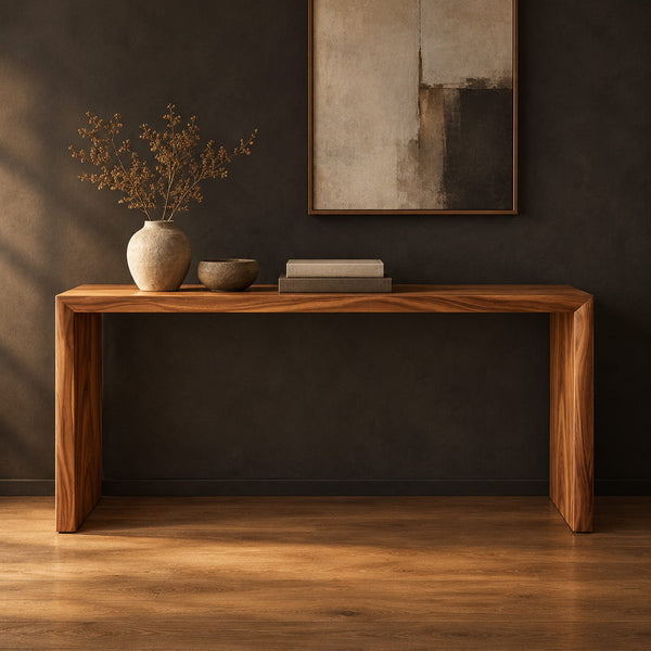 Slim Waterfall Console Table With Two Wide Slab Legs
