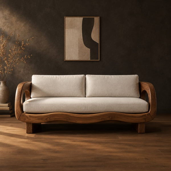 Sofa With Oval Arm Openings And A Wavy Solid Wood Frame
