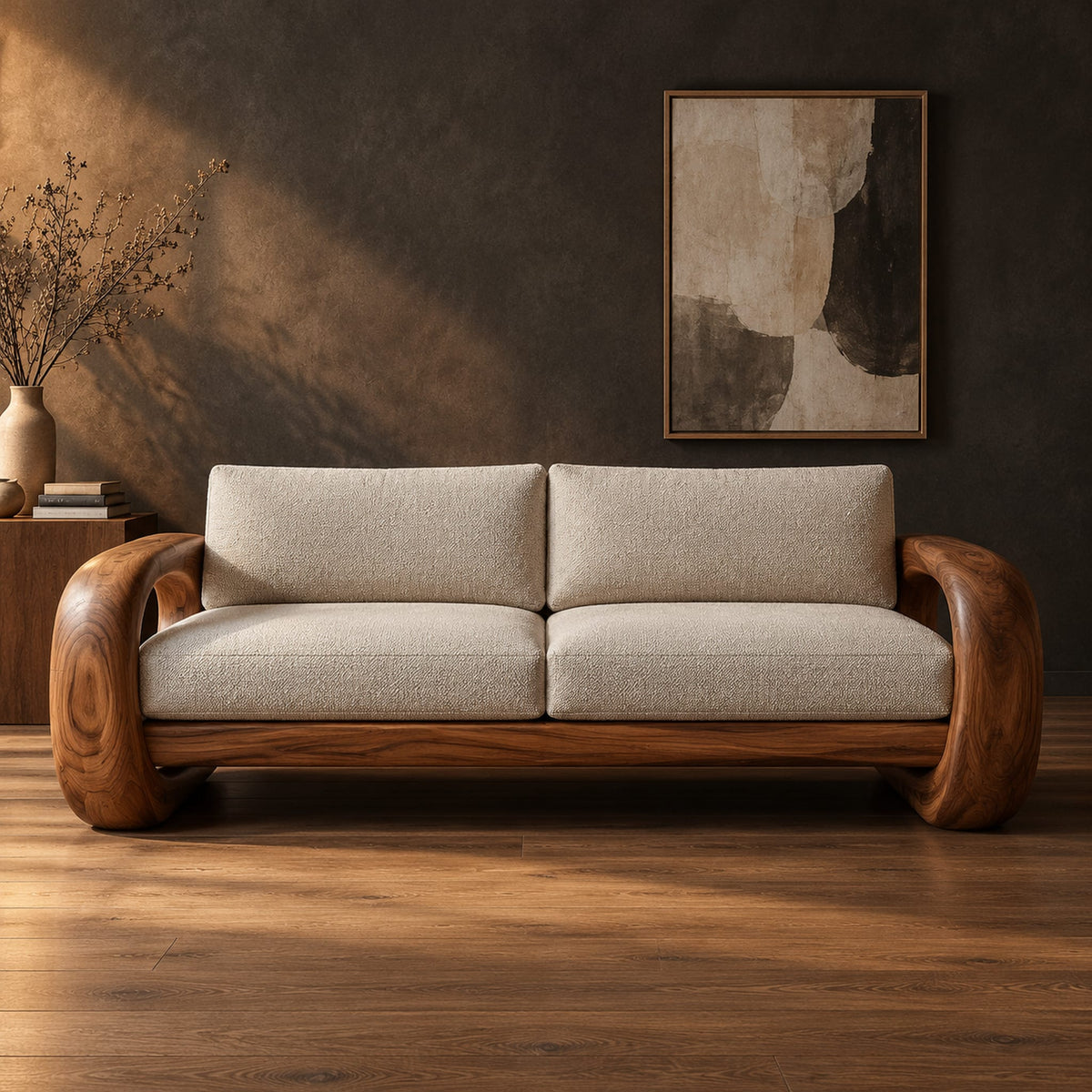 Sofa with thick open loop wooden arms and two seat cushions in a dark studio against a charcoal plaster wall
