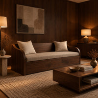 Wood sofa with sweeping arms and a deep paneled base in an evening living room with walnut wall paneling