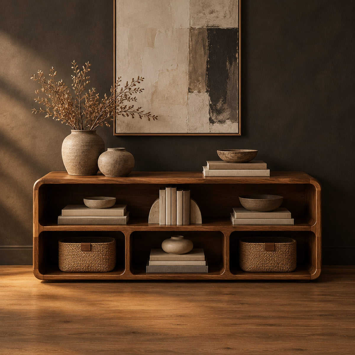 Open console table with soft edges and a long shelf above three cubbies in a dark studio against a charcoal plaster wall