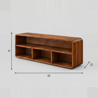 Soft Edged Console Table With A Long Open Shelf Over Three Cubbies dimension diagram with width, height and depth