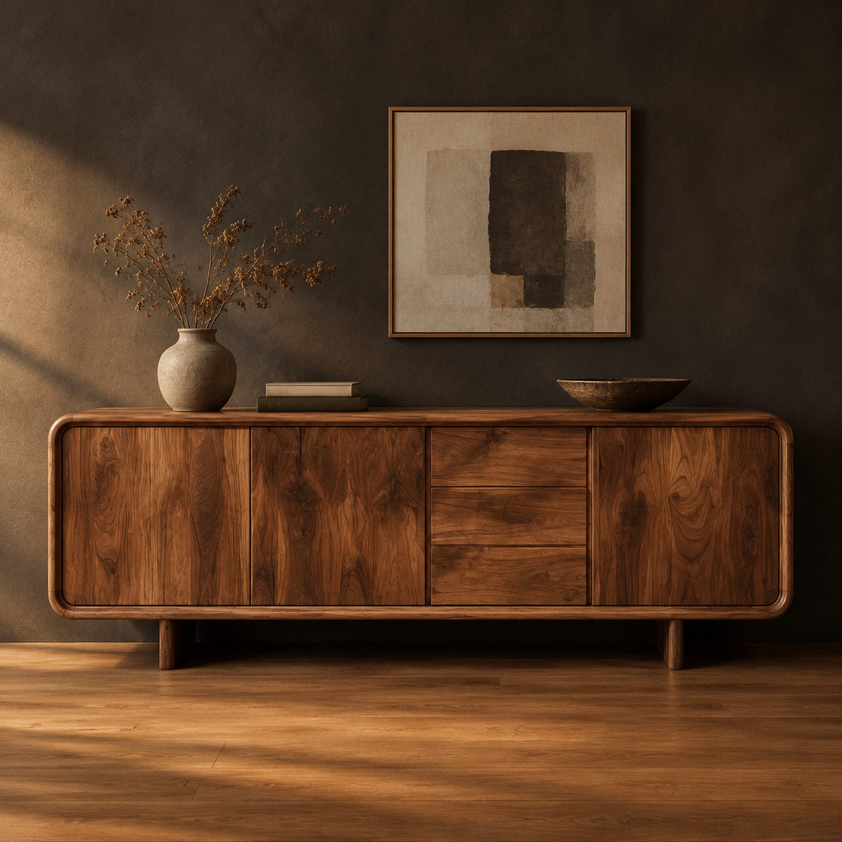 Long low sideboard with soft edges and a drawer stack between doors in a dark studio against a charcoal plaster wall