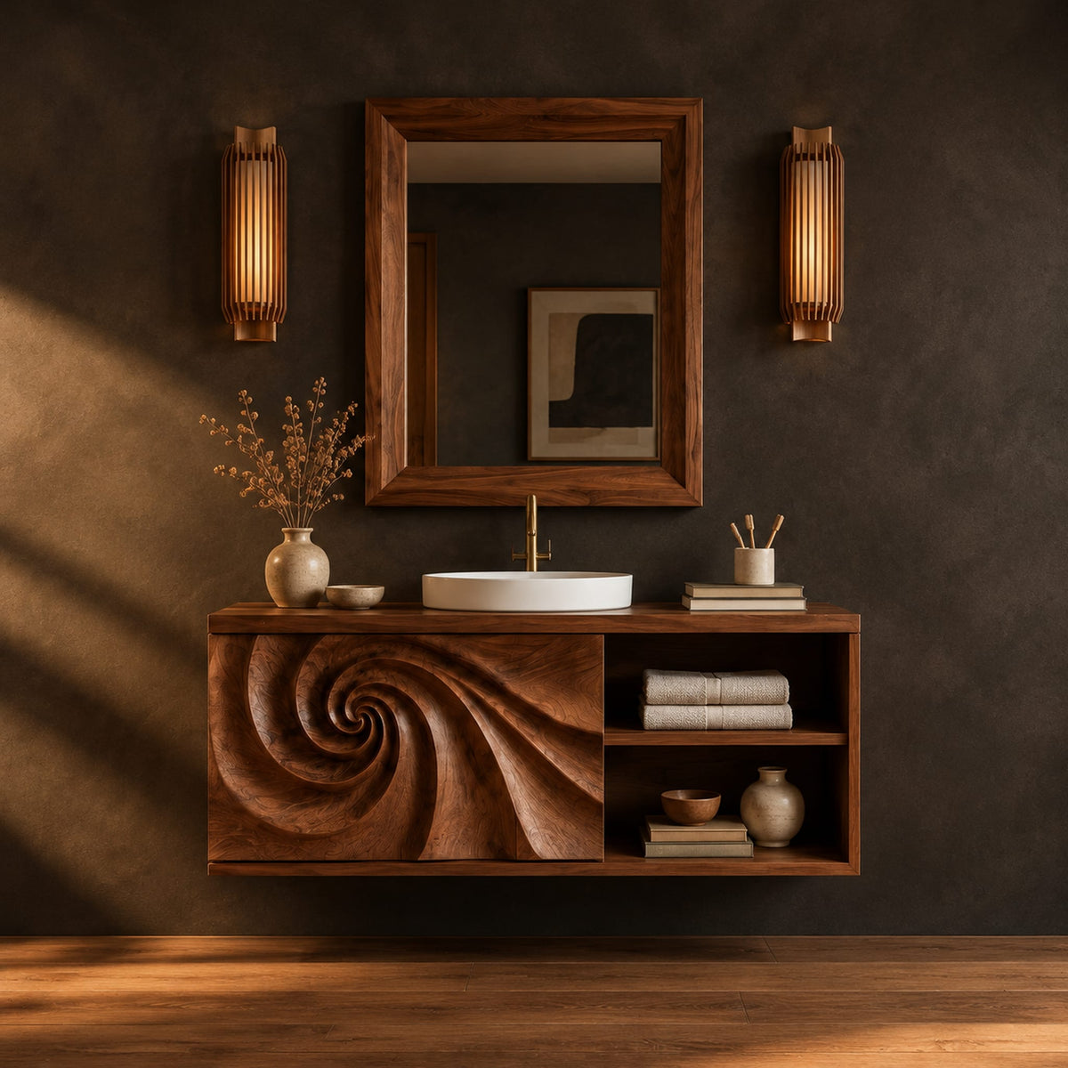 Floating bathroom vanity with a spiral carved panel and open shelving in a dark studio against a charcoal plaster wall