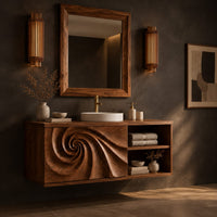 Floating bathroom vanity with a spiral carved panel and open shelving, three-quarter view showing the grain