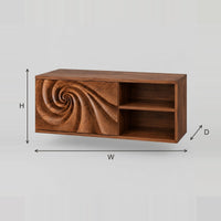 Spiral Carved Floating Bathroom Vanity Open Shelf Cabinet dimension diagram with width, height and depth