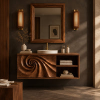 Corner detail of floating bathroom vanity with a spiral carved panel and open shelving beside wood, brass and linen samples