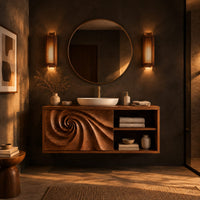 Floating bathroom vanity with a spiral carved panel and open shelving in a dark bathroom at golden hour