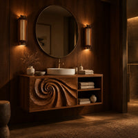 Floating bathroom vanity with a spiral carved panel and open shelving in an evening bathroom with walnut wall paneling