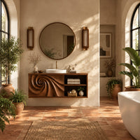 Floating bathroom vanity with a spiral carved panel and open shelving in a bright bathroom with arched windows and plants