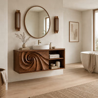 Floating bathroom vanity with a spiral carved panel and open shelving in a Scandinavian bathroom with white walls