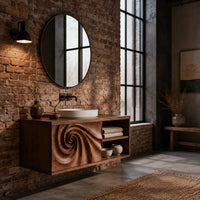 Floating bathroom vanity with a spiral carved panel and open shelving in an industrial loft bathroom with exposed brick