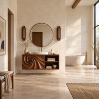 Floating bathroom vanity with a spiral carved panel and open shelving in a bright open plan bathroom