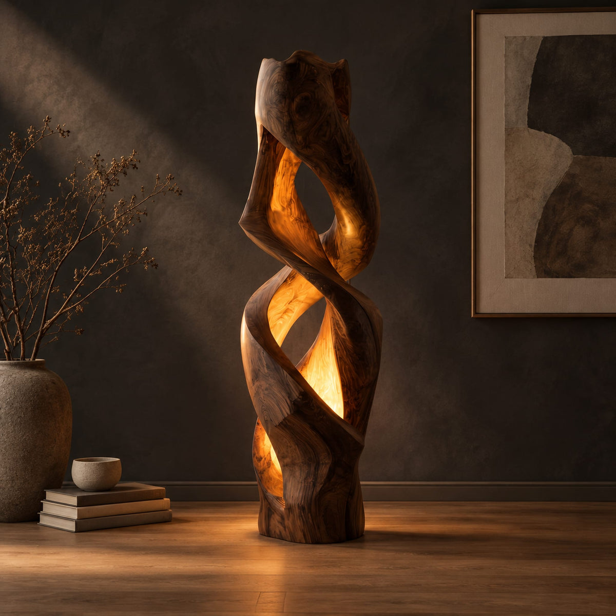 Floor lamp carved as a twisting solid column with glowing cutouts in a dark studio against a charcoal plaster wall