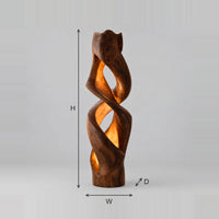 Spiral Carved Floor Lamp With Glowing Cutouts In Twisted Wood dimension diagram with width, height and depth