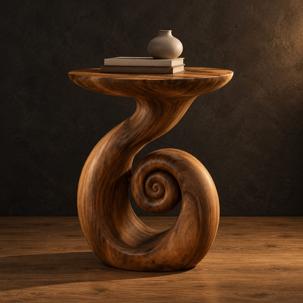 Spiral Coil Side Table With Round Top And Shell Shaped Base