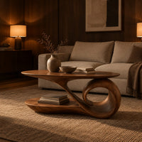 Oval coffee table with a top that sweeps into one large spiral curl in an evening living room with walnut wall paneling