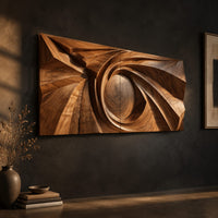 Wide wall art panel with a carved spiral circling a domed center on a dark charcoal plaster wall