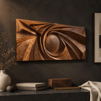 Detail of wide wall art panel with a carved spiral circling a domed center beside wood, brass and linen samples