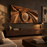 Wide wall art panel with a carved spiral circling a domed center above a low console in an evening living room