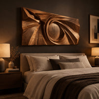 Wide wall art panel with a carved spiral circling a domed center above a bed in a dusk lit bedroom