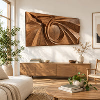 Wide wall art panel with a carved spiral circling a domed center in a bright sunroom with green plants