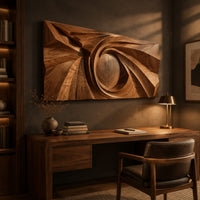 Wide wall art panel with a carved spiral circling a domed center above a desk in a dark study corner